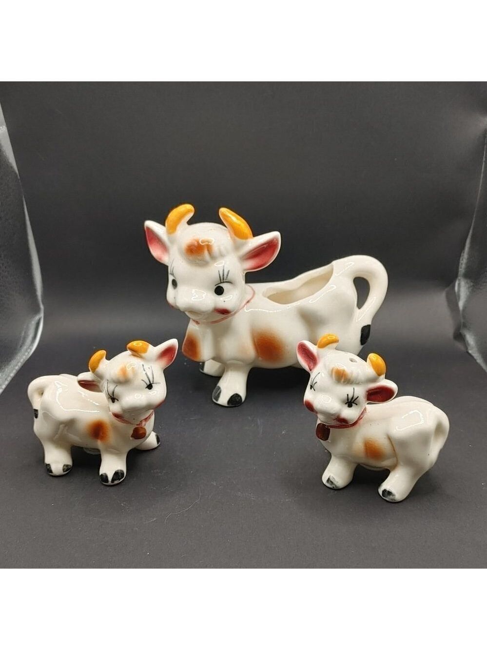 Vintage Porcelain Figure Set 3 Pieces Salt, and Pepper Spreader Milk Jug